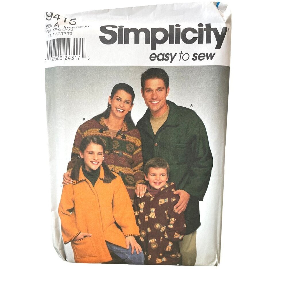 Simplicity 9415 Jacket Pattern Unisex XS-XL Adult Teen Child Easy to Sew